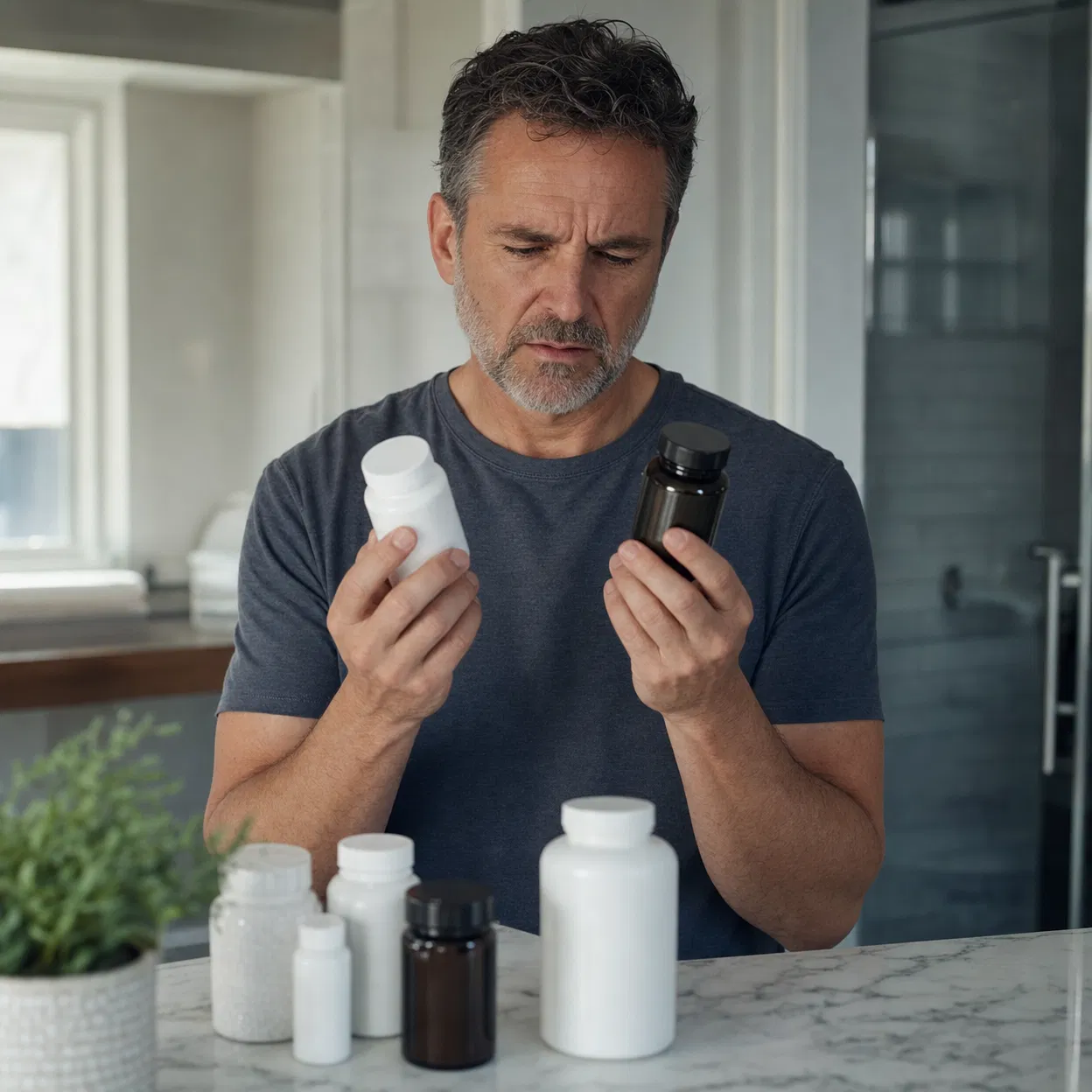 Man confused holding two supplement bottles