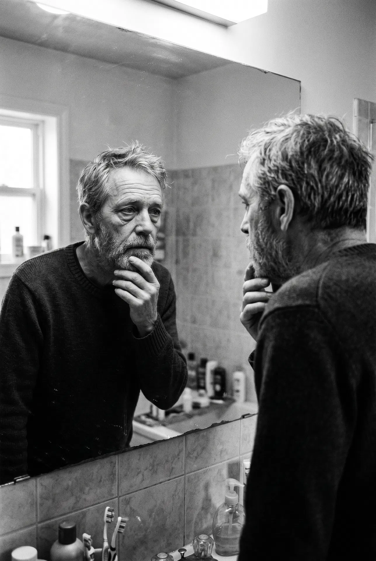 Man looking in mirror concerned