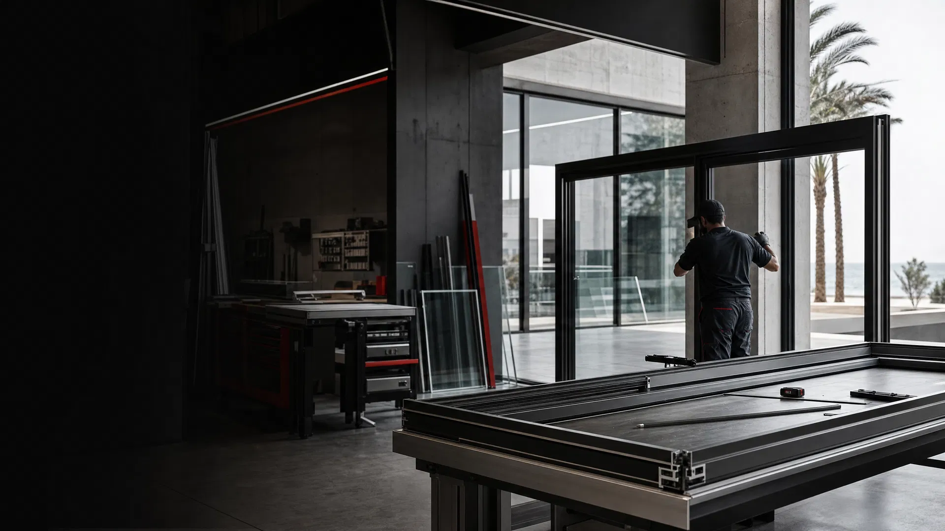 Taller moderno de carpintería de aluminio con ventanas negras a medida