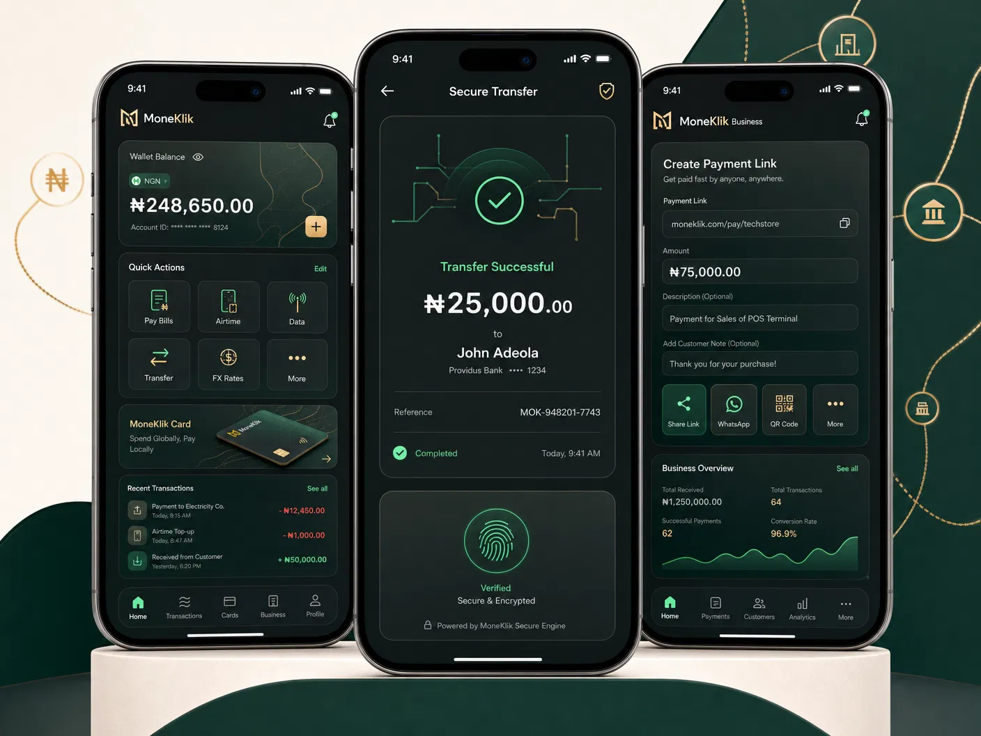 MoneKlik mobile app screens
