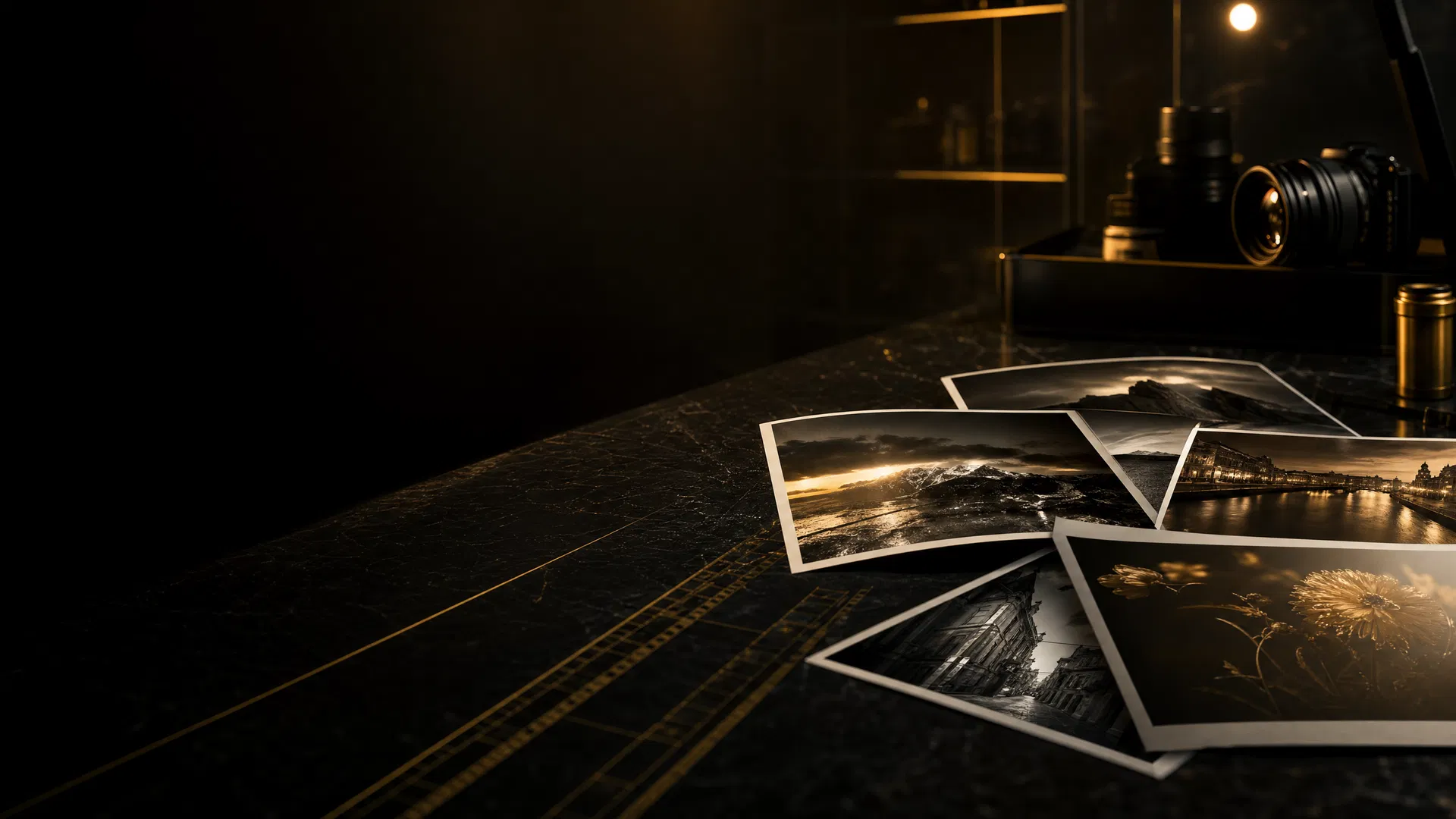 Premium crno-zlatna foto laboratorija sa odštampanim fotografijama