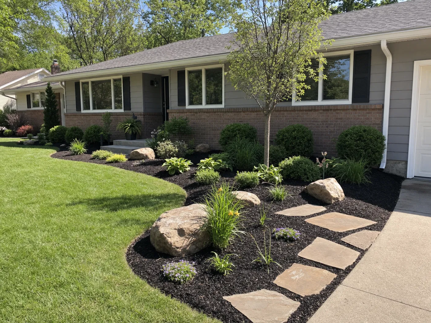 After landscaping work showing clean mulch, decorative rock, healthy plants, sod, and flagstones
