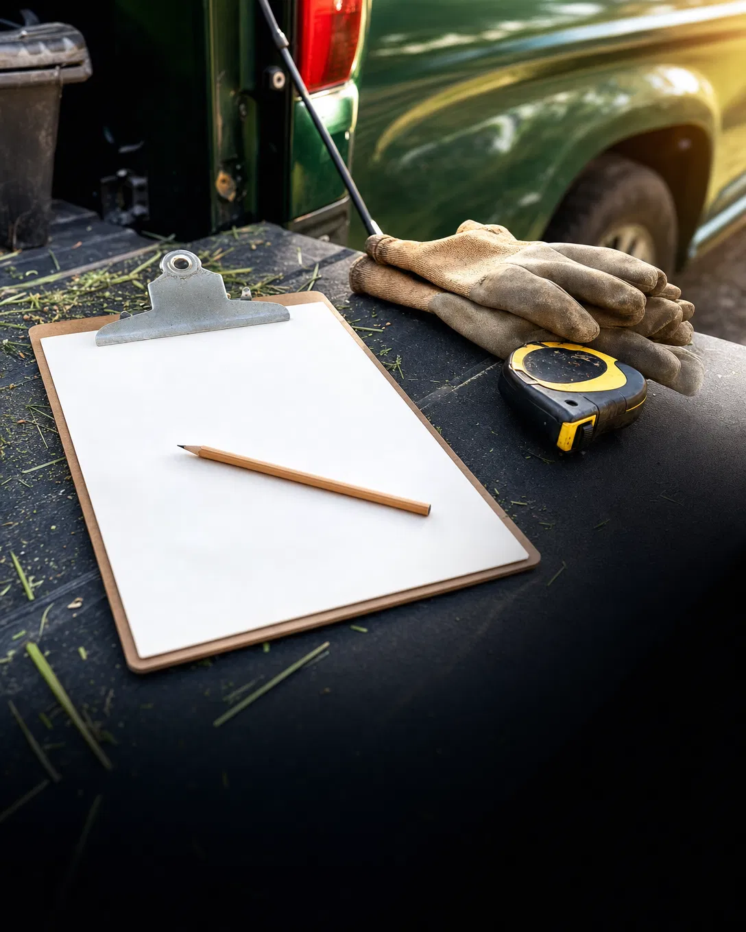 Clipboard, gloves, and measuring tape prepared for an outdoor service estimate