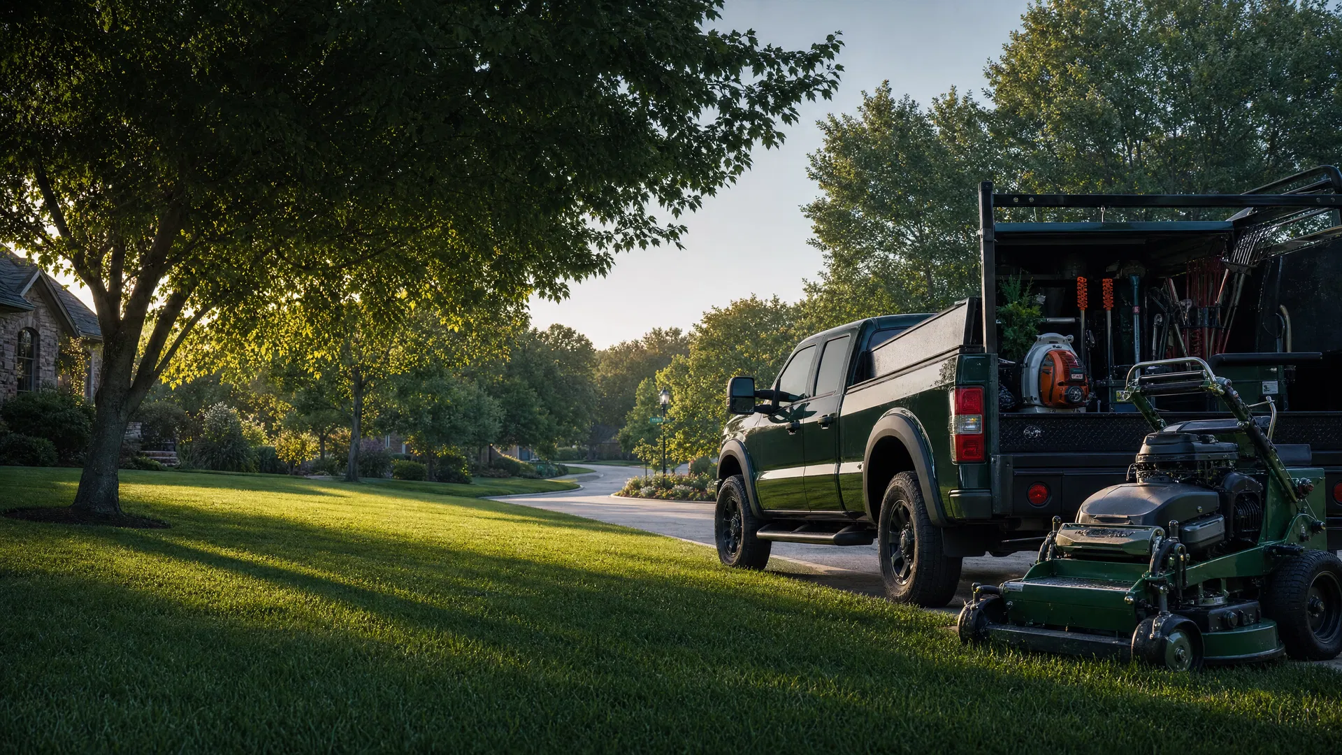 Professional outdoor service truck beside a clean residential property