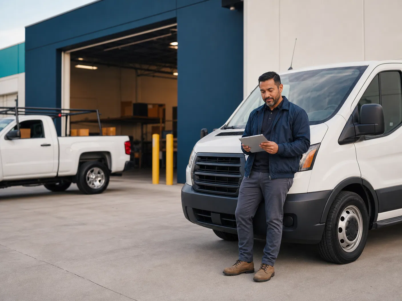 Small business owner beside commercial vehicles