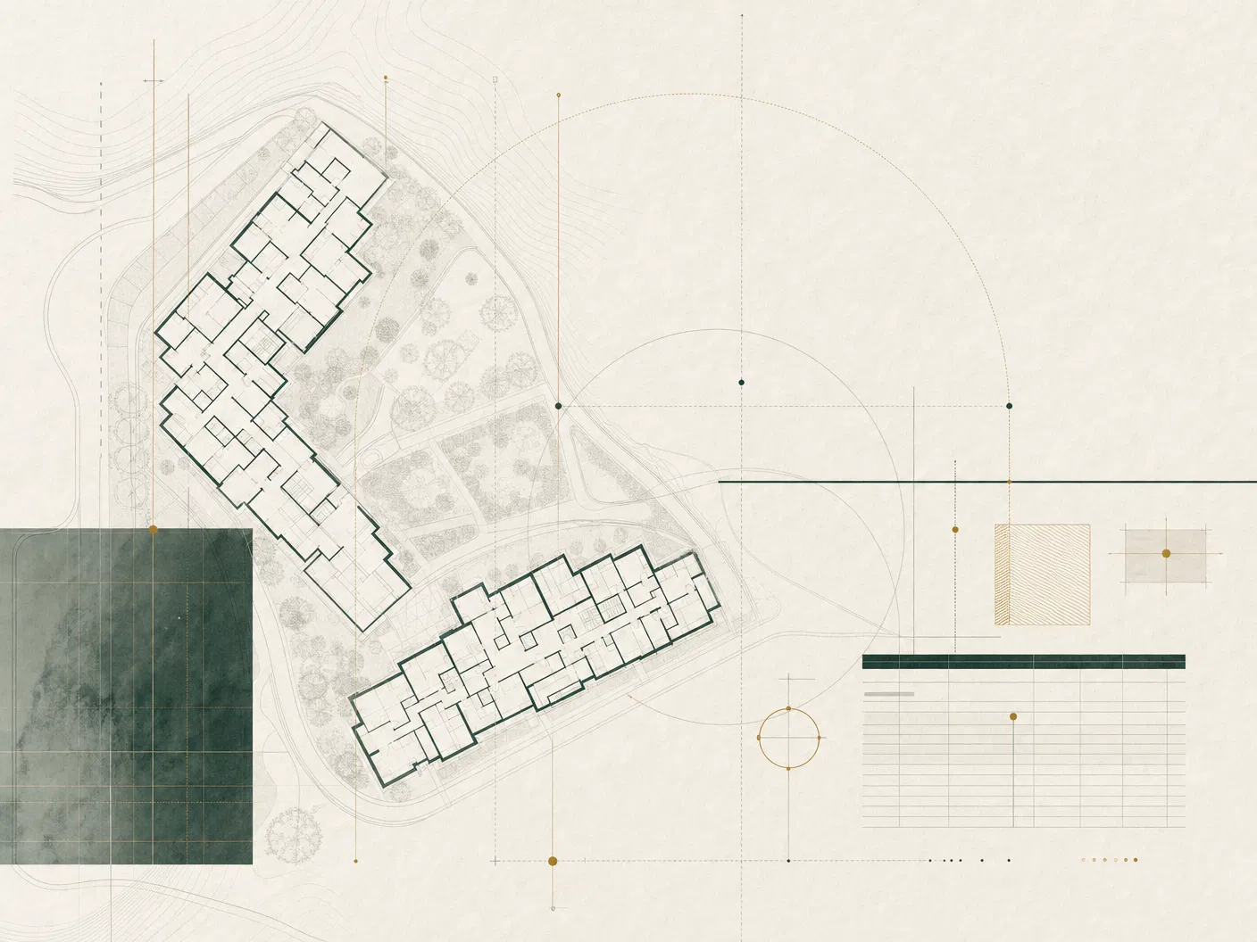 Architectural plan lines representing multifamily investment analysis