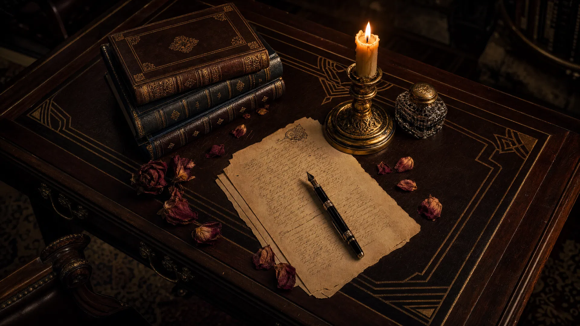 Antique desk with leather-bound books and candlelight