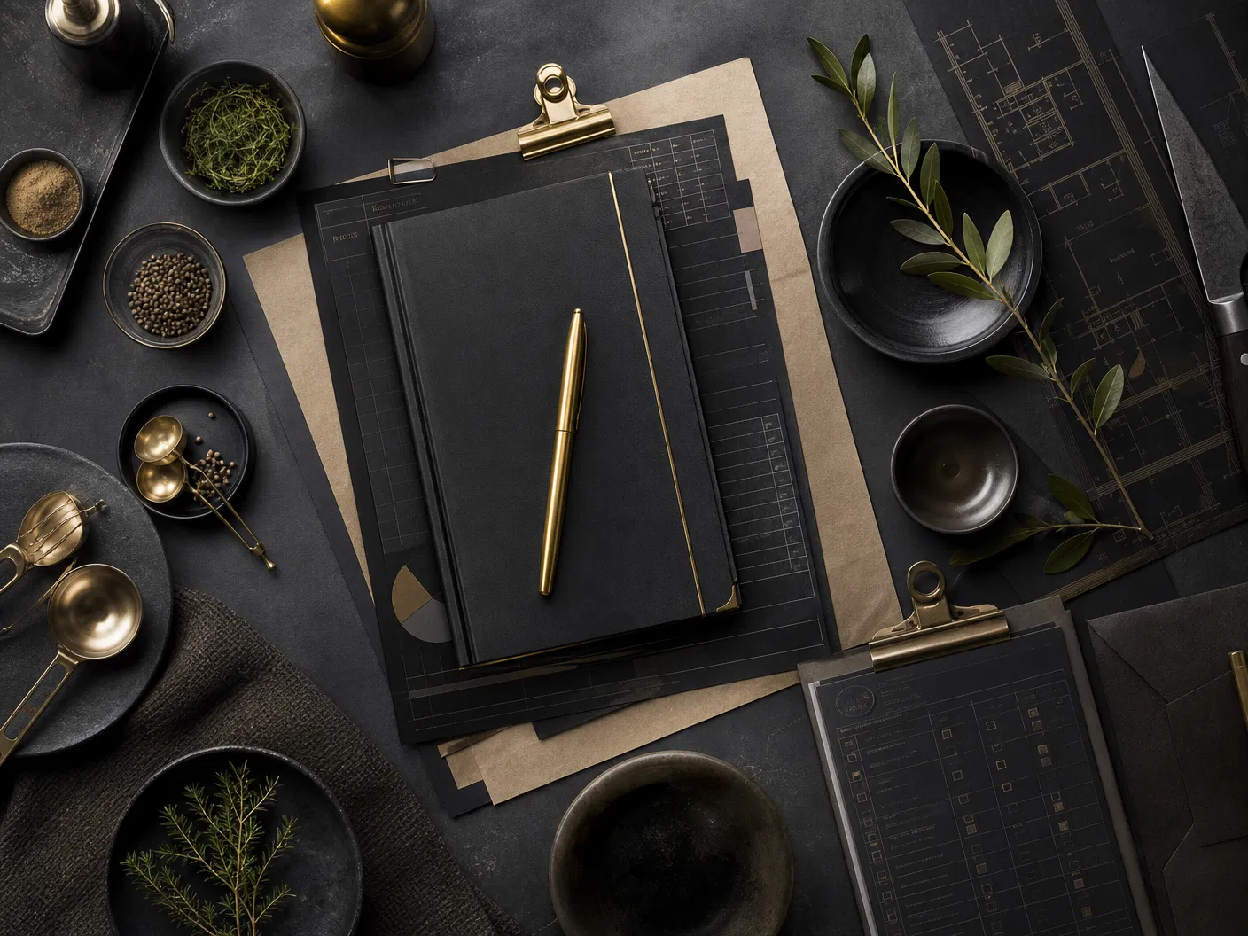 Materiais de gestão gastronômica em mesa escura