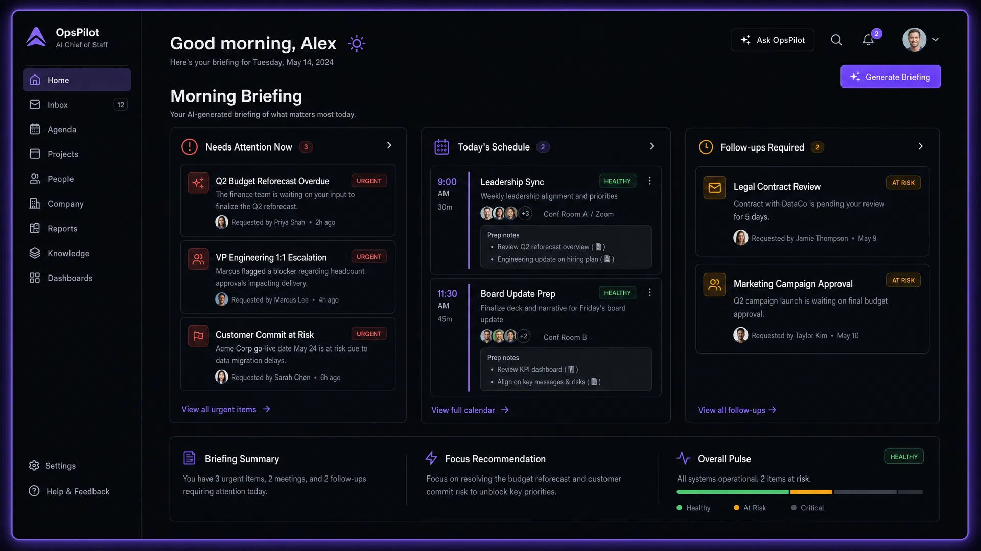 OpsPilot Morning Briefing Dashboard