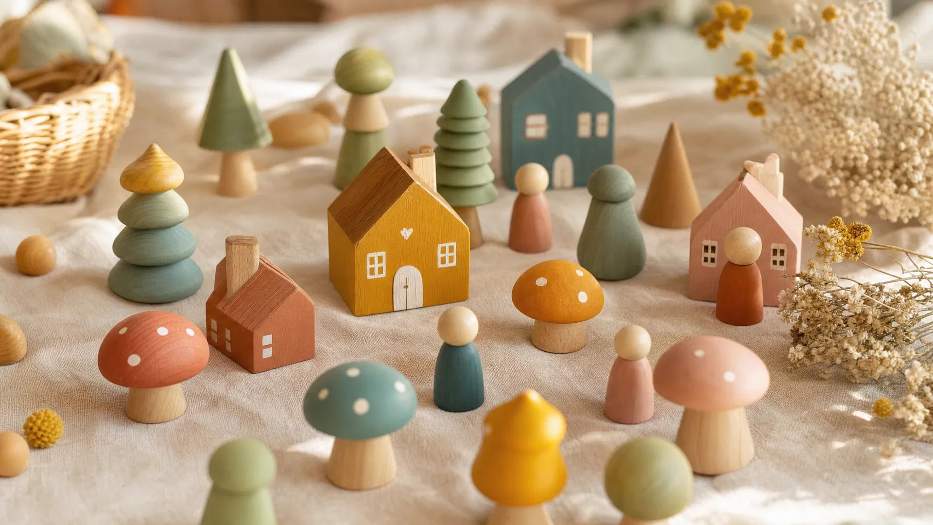 Assortment of handcrafted wooden baby toys including houses, trees, and peg dolls arranged on a soft surface