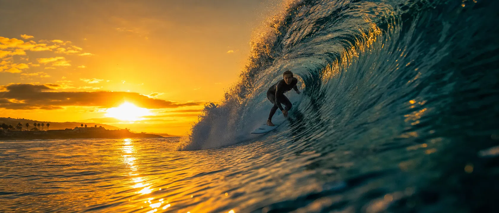 Surfer riding a barrel wave at golden hour