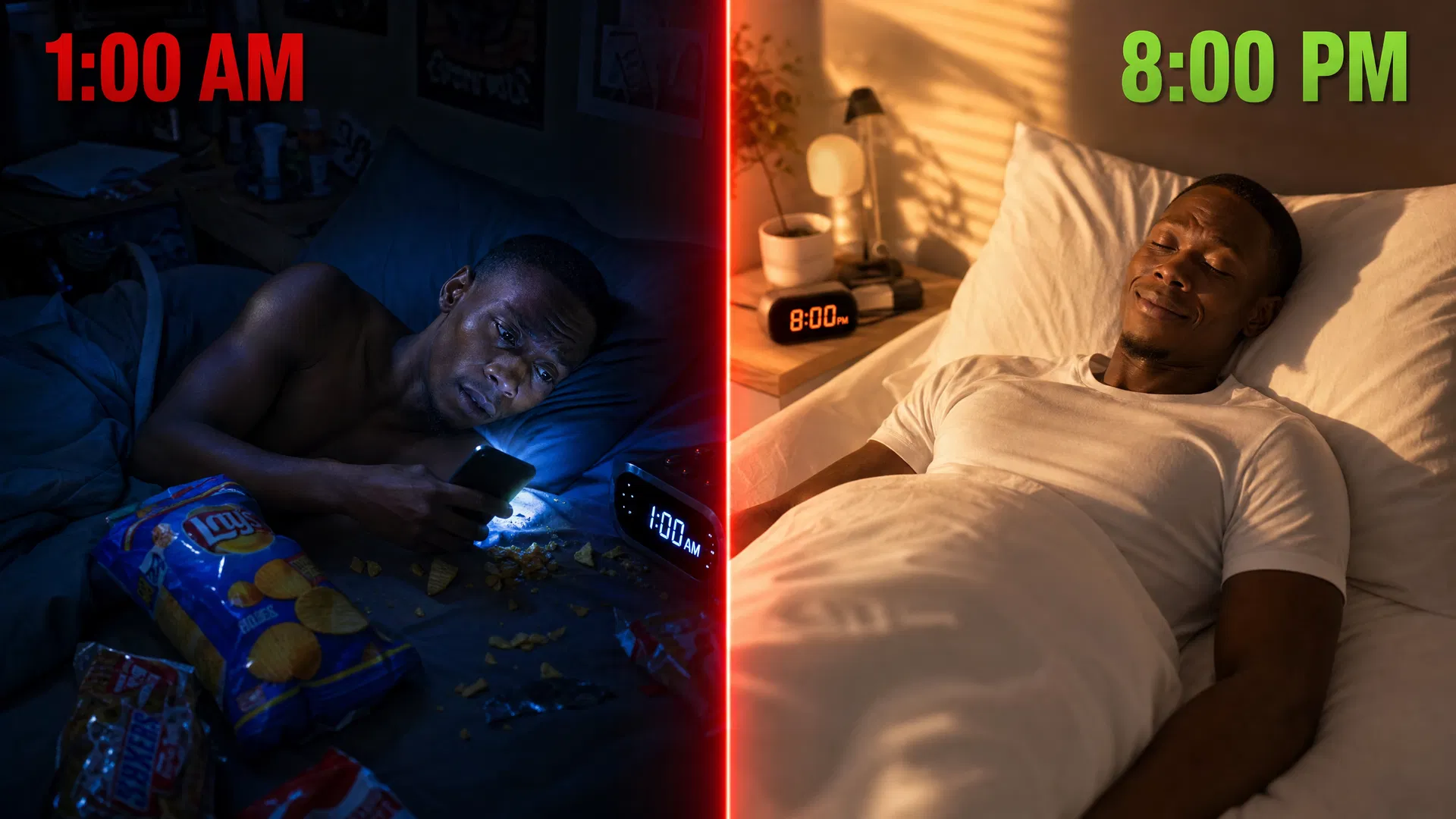 Before: 1AM binge eating vs After: 8PM peaceful sleep — The Night Craving Killer Protocol