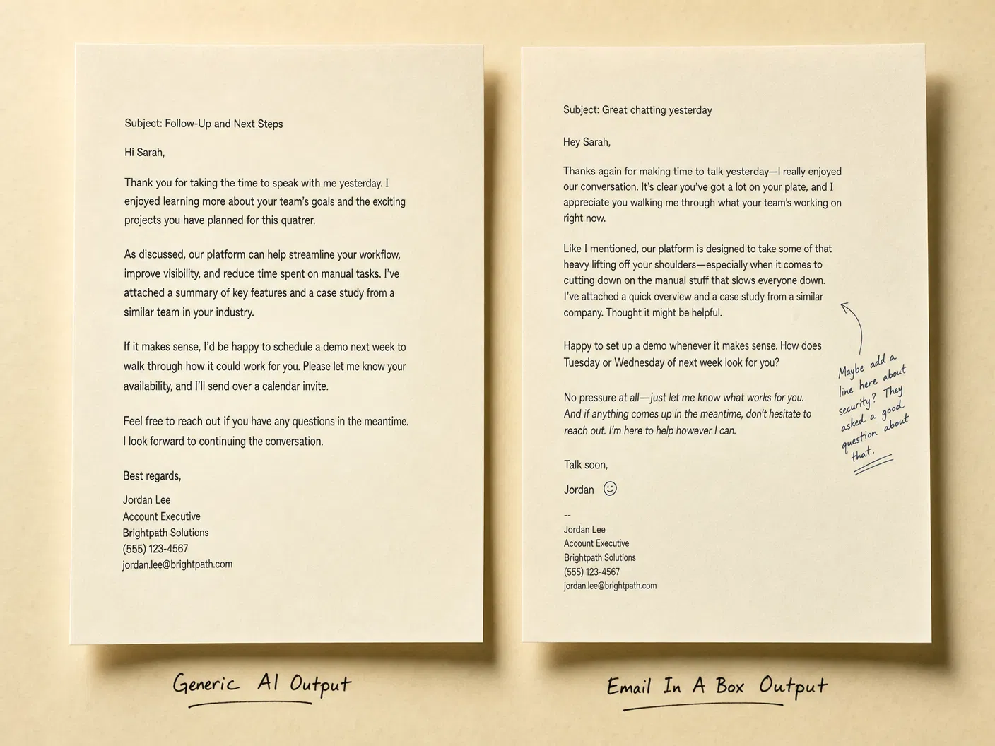 Side-by-side comparison: Generic AI output vs Email In A Box output