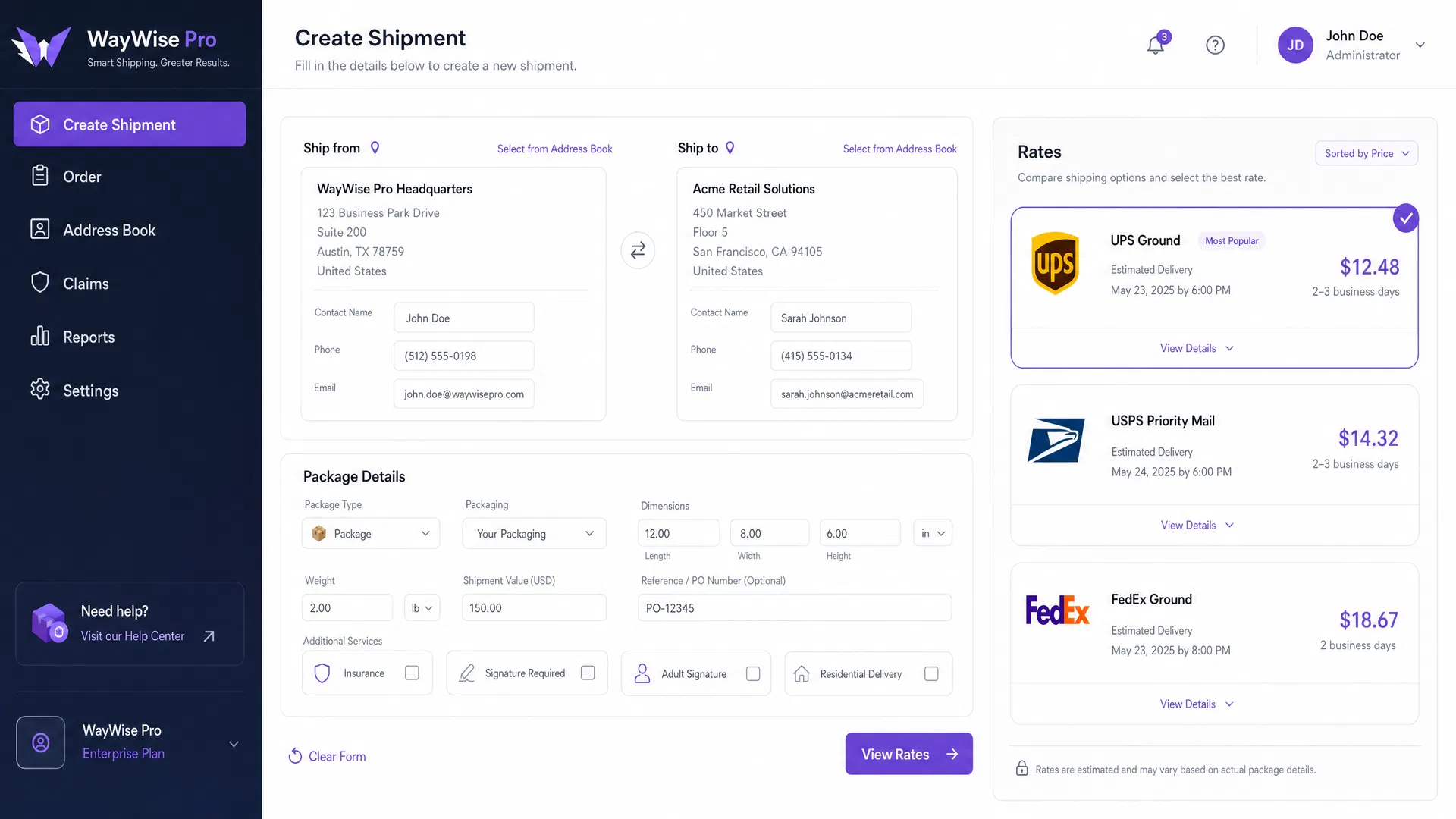 WayWise Pro shipping dashboard showing carrier rate comparison