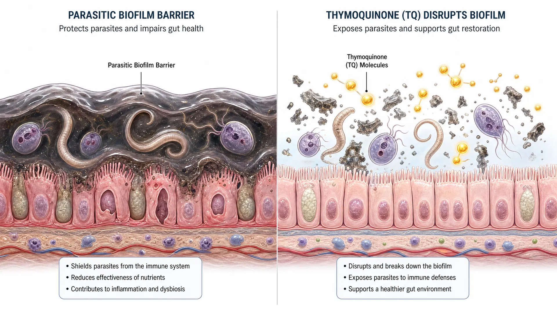Scientific diagram showing parasitic biofilm barrier and how thymoquinone disrupts it