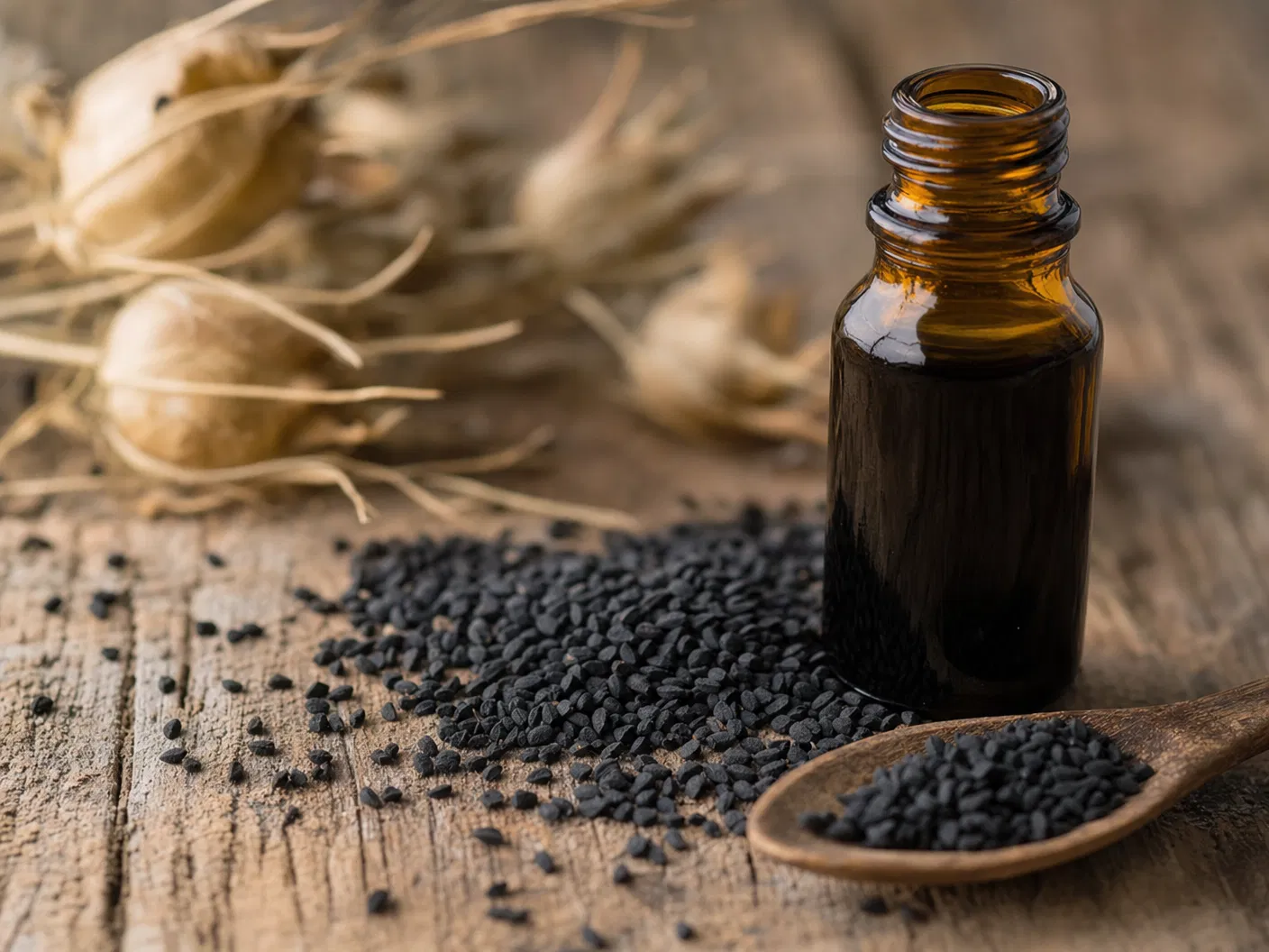 Ethiopian Nigella sativa seeds and cold-pressed black seed oil on aged wood
