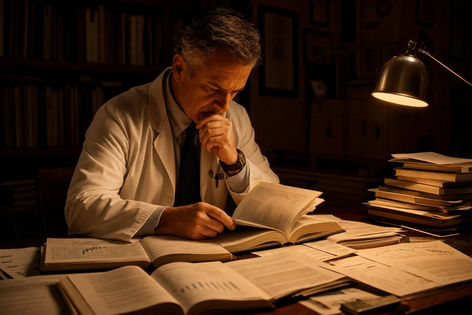 Dr. Reid reviewing peer-reviewed research on thymoquinone late at night