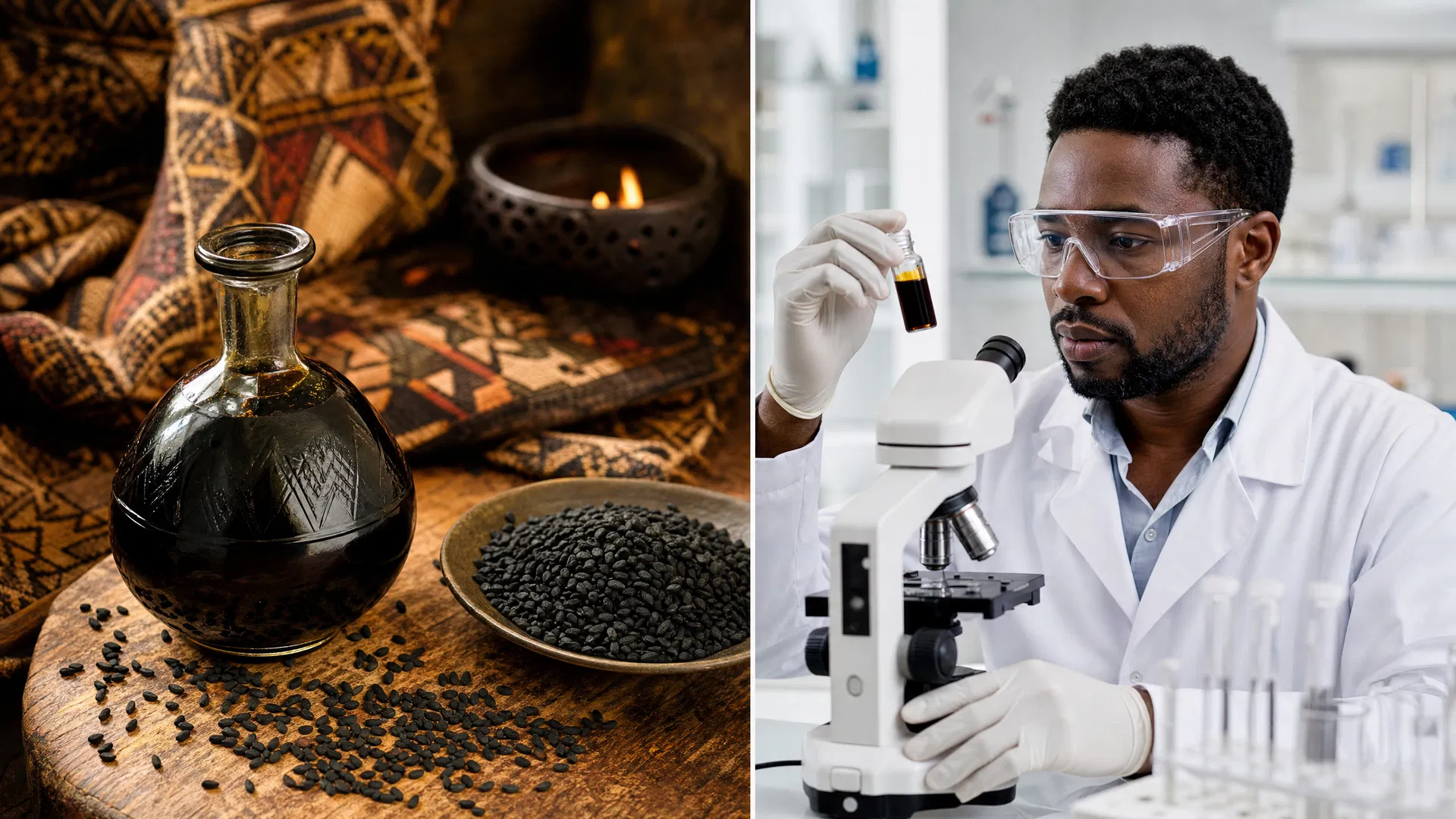 Traditional Ethiopian black seed oil vessel alongside modern laboratory research