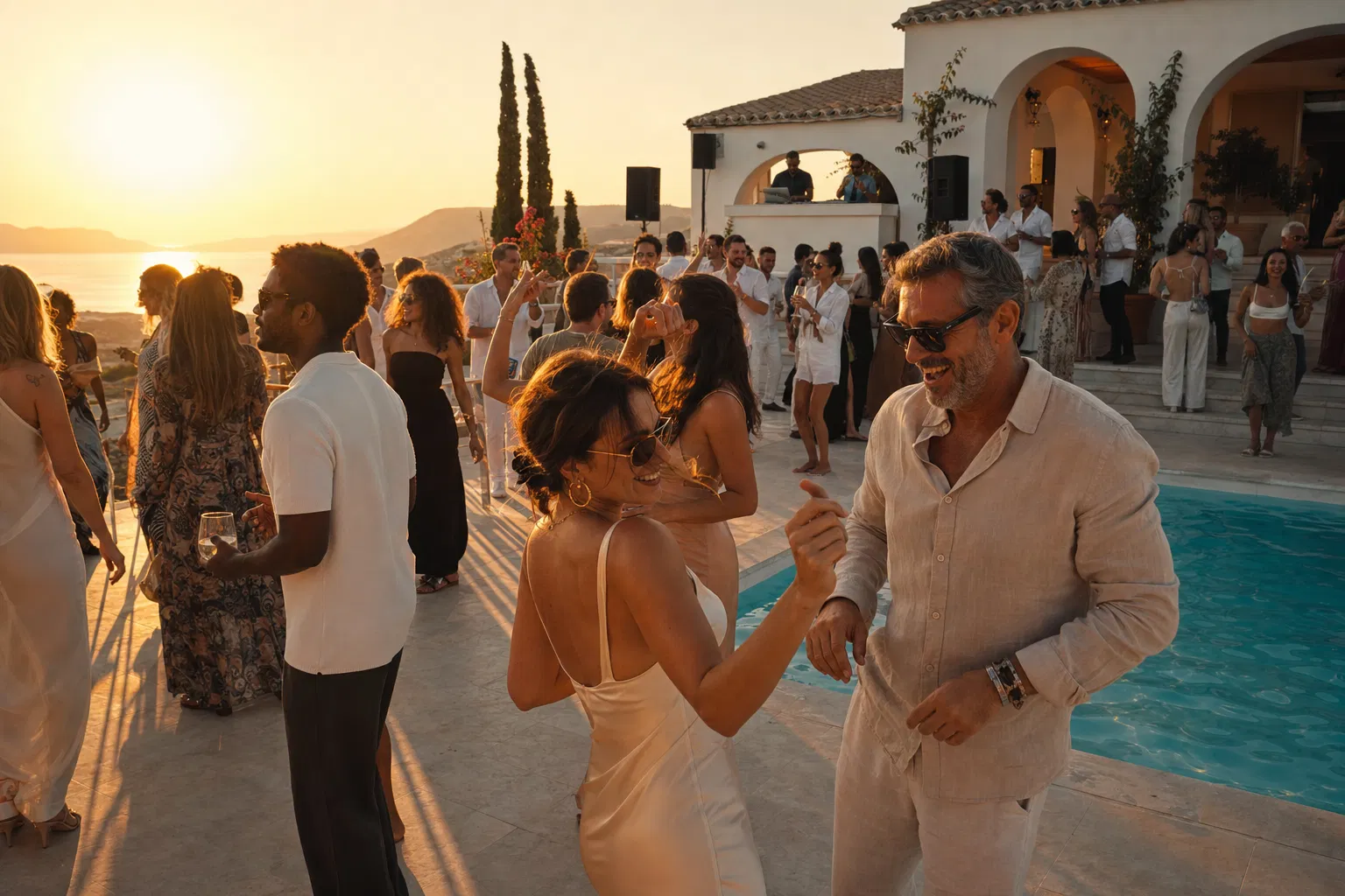 Poolside party at golden hour