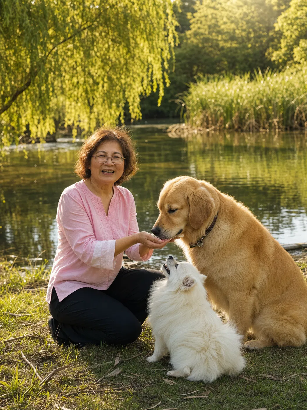 Dianne with her dogs by the lake at Dogs Wonderland