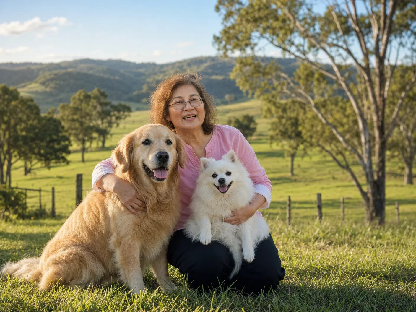 Dianne with her golden retriever and white fluffy dog on the farm paddocks