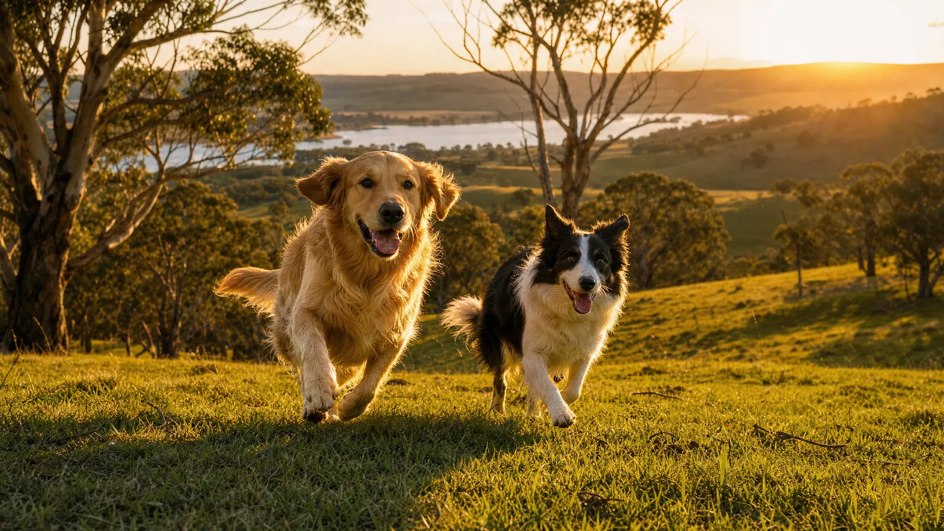 Golden retriever and border collie running across the farm at sunset