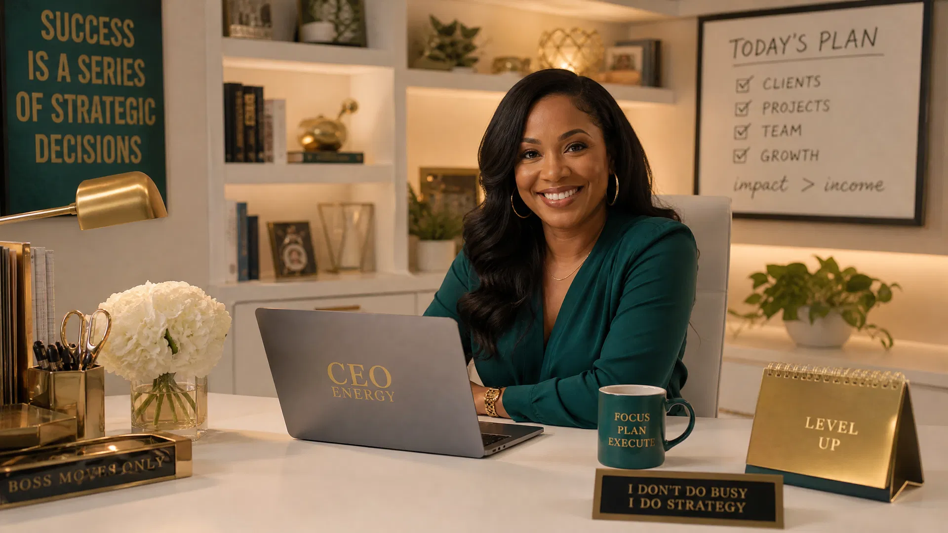 Professional woman at desk showing success and productivity