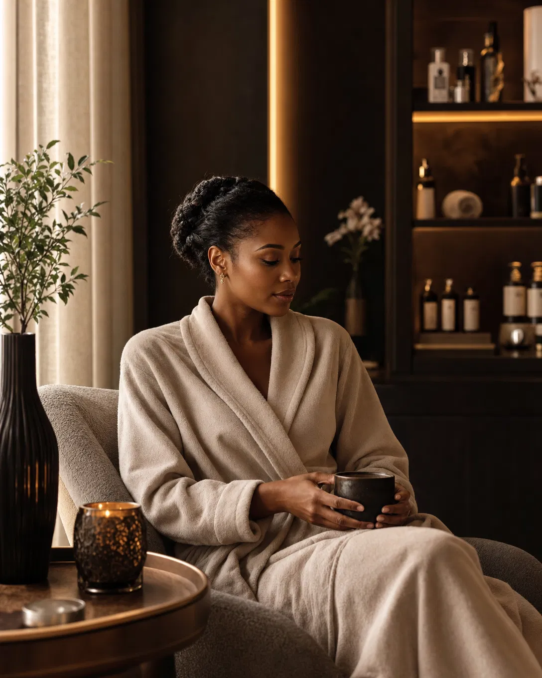 Woman relaxing in luxury wellness environment