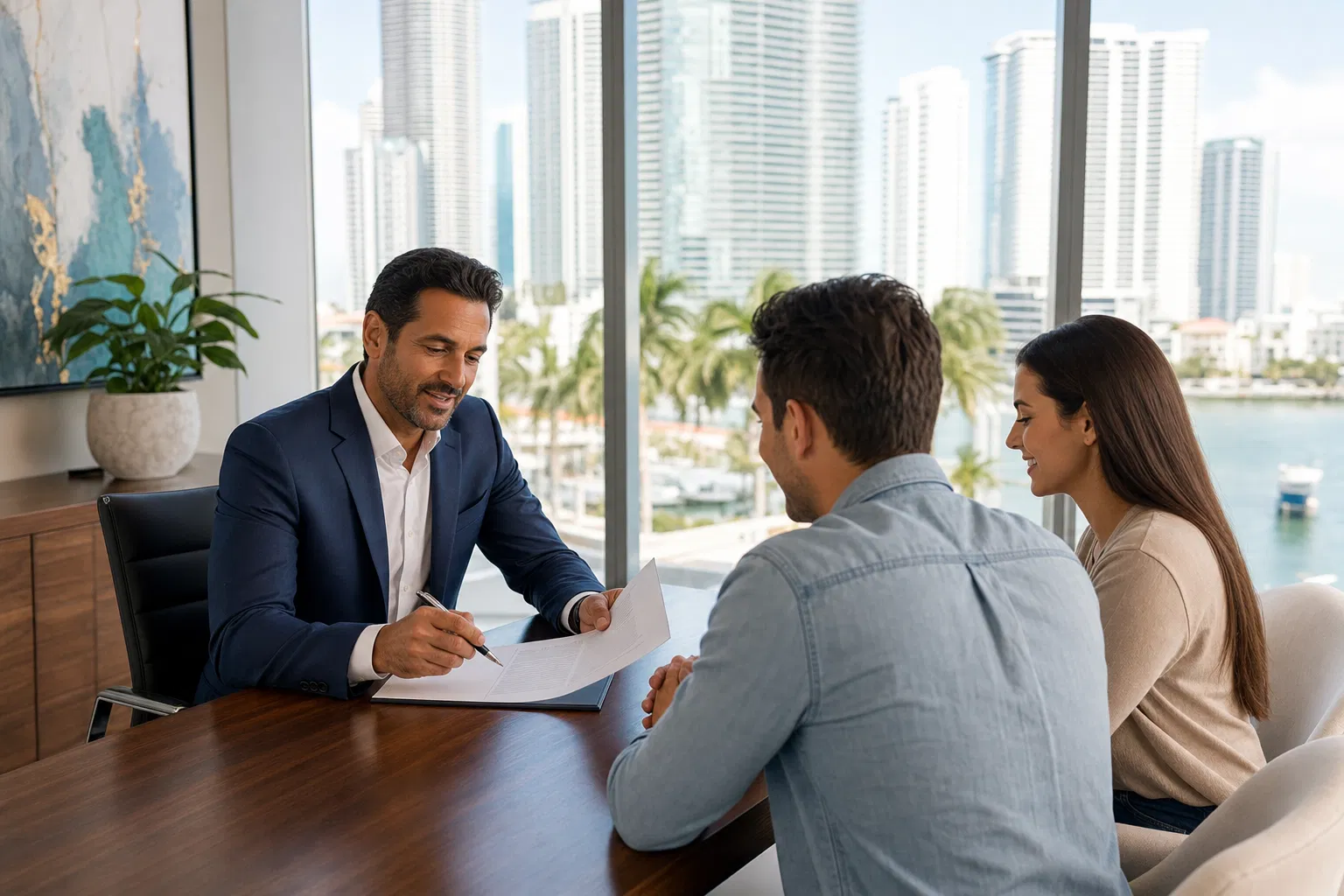 Mortgage broker meeting with clients in Miami