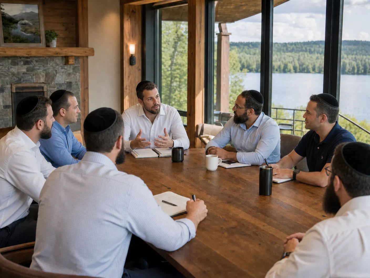 Diverse group of Orthodox Jewish men laughing together at a business event