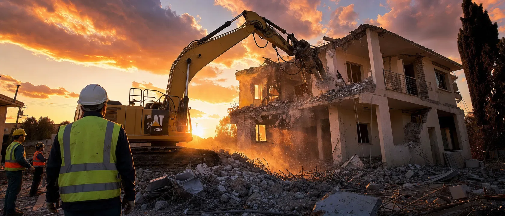 Demolition site at sunset
