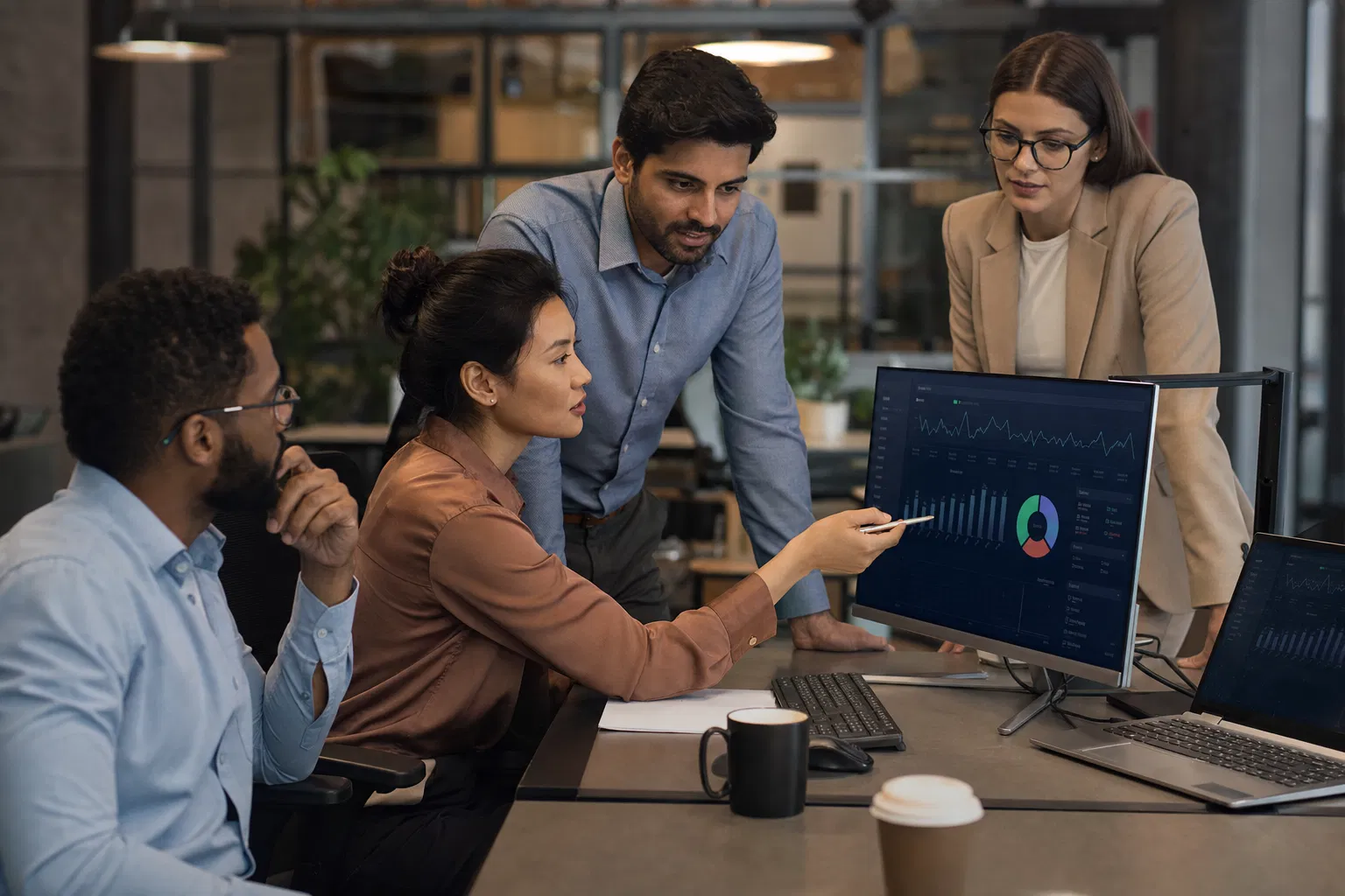 Team collaborating with AI dashboards