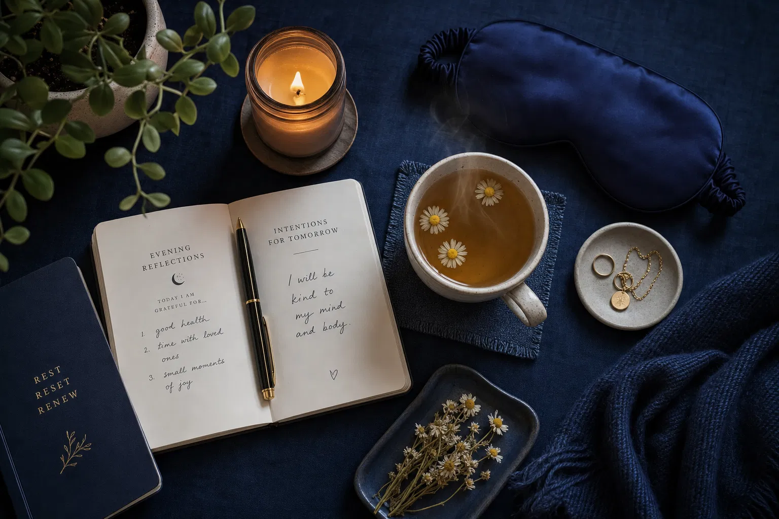 Nighttime ritual with journal, tea, and candle