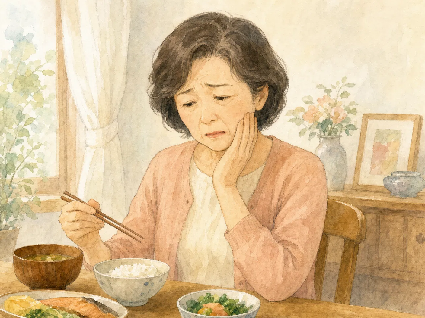 入れ歯の悩みを抱える女性のイラスト