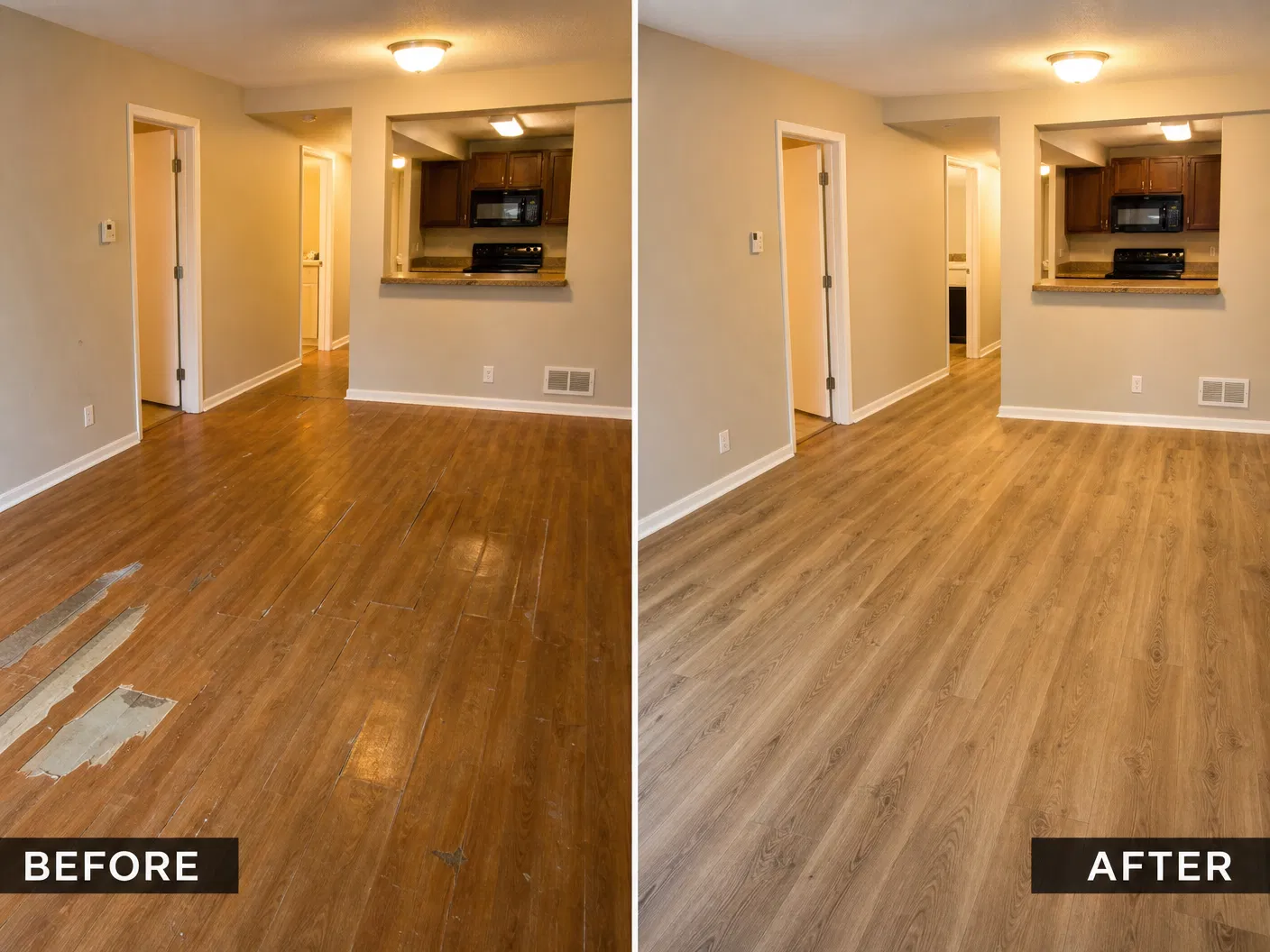 Before and after flooring transformation - rental property