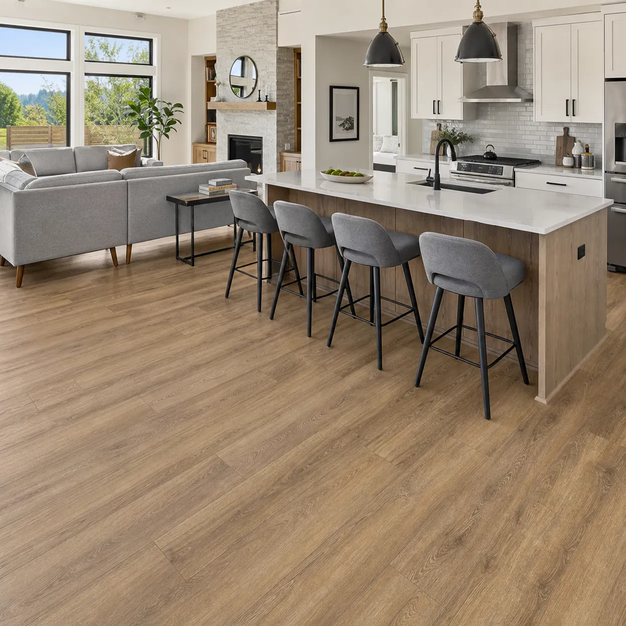Modern kitchen and living room with vinyl plank flooring