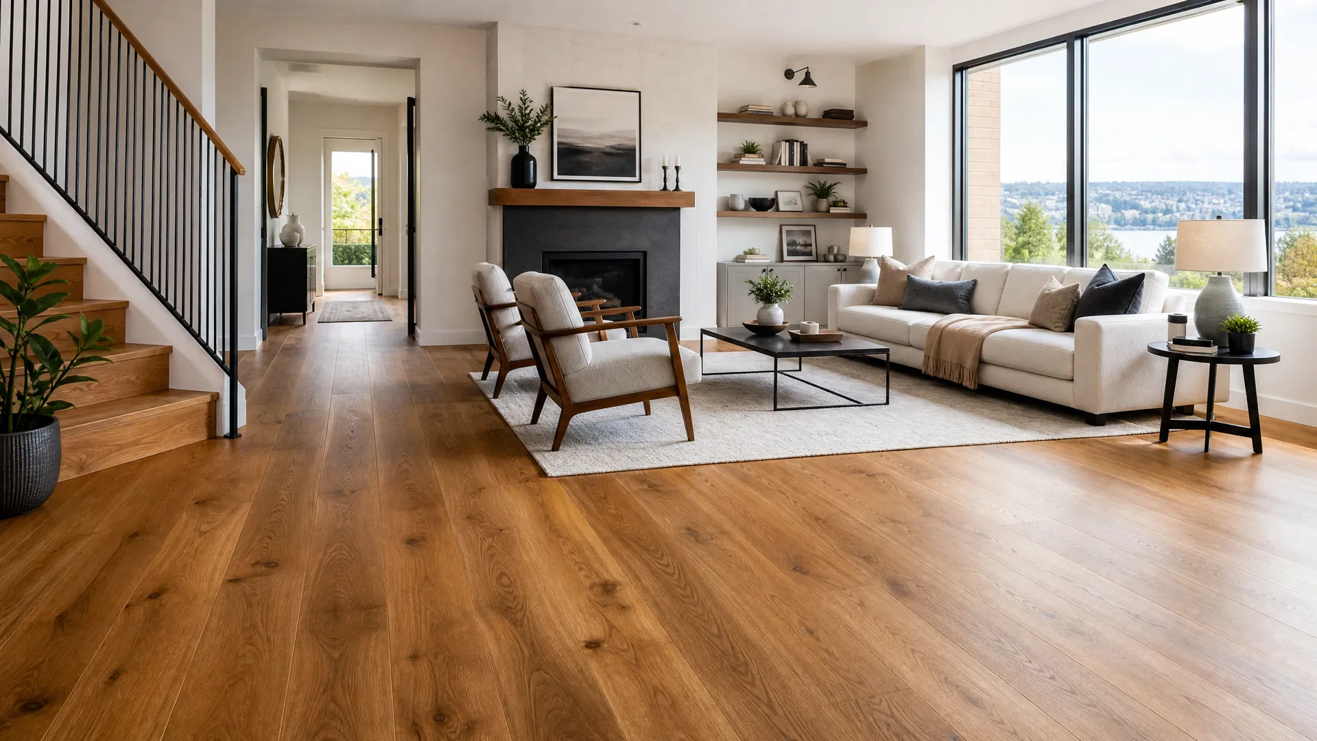 Beautiful modern living room with hardwood flooring