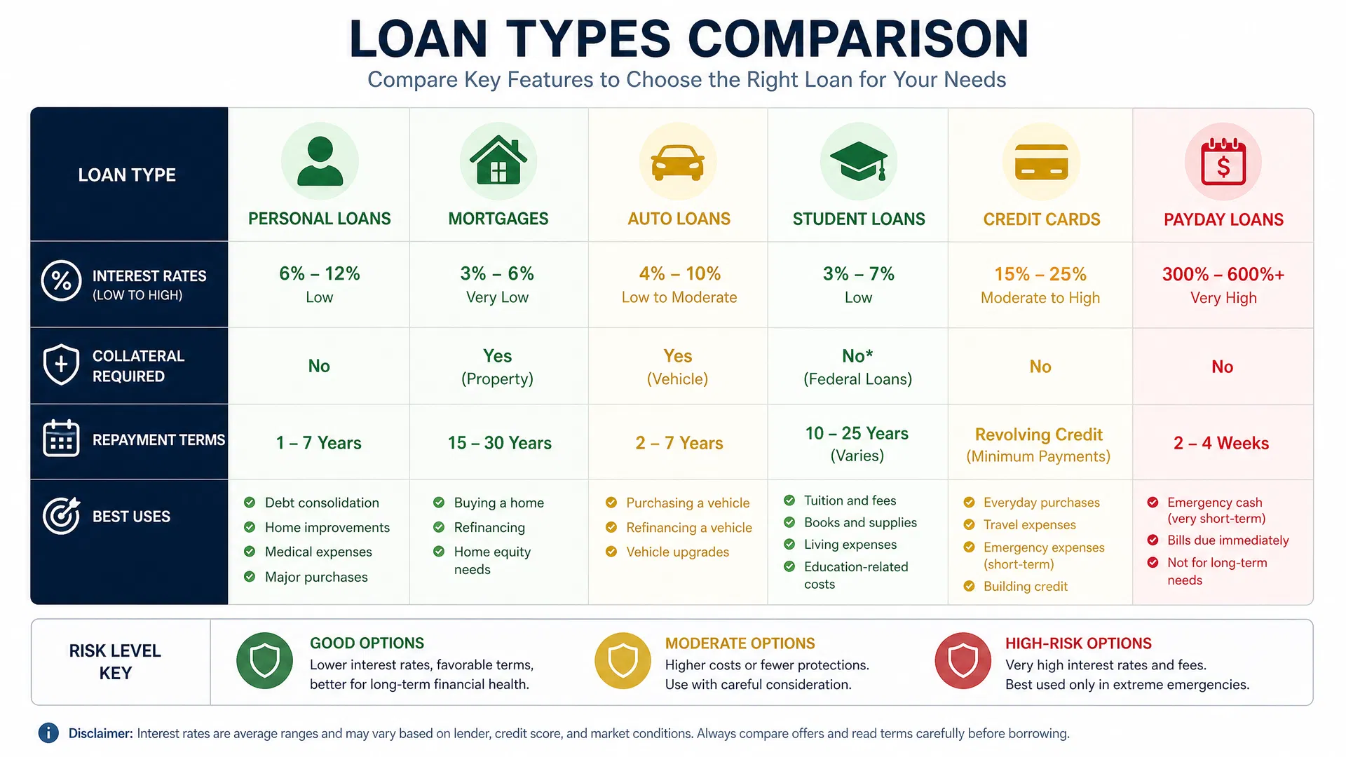 Loan Types Comparison Chart - Interest Rates, Collateral, Terms, and Best Uses