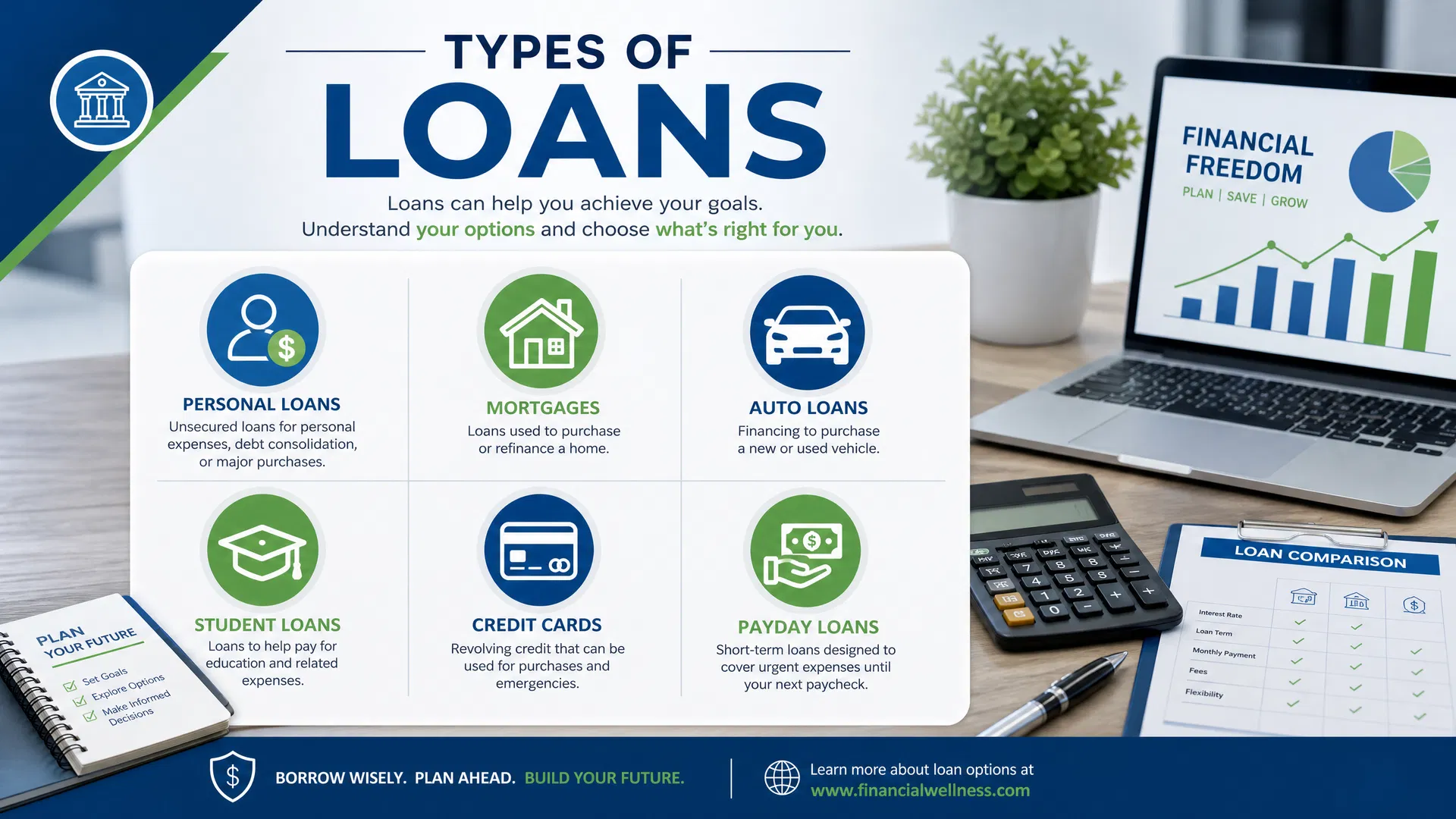 Types of Loans - Personal Loans, Mortgages, Auto Loans, Student Loans, Credit Cards, Payday Loans