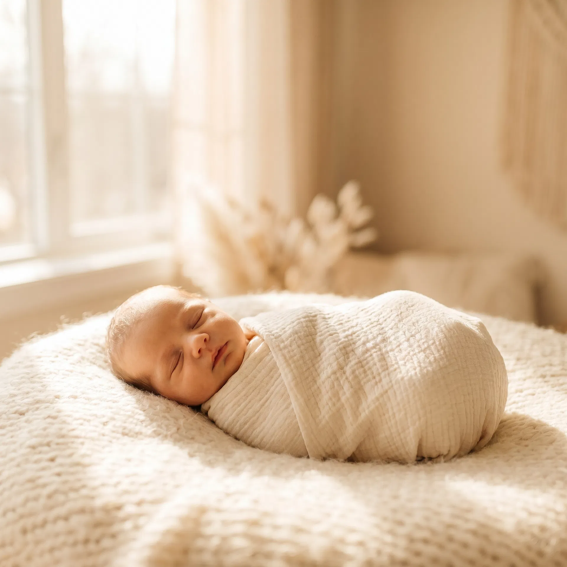 Sleeping newborn wrapped in cream muslin