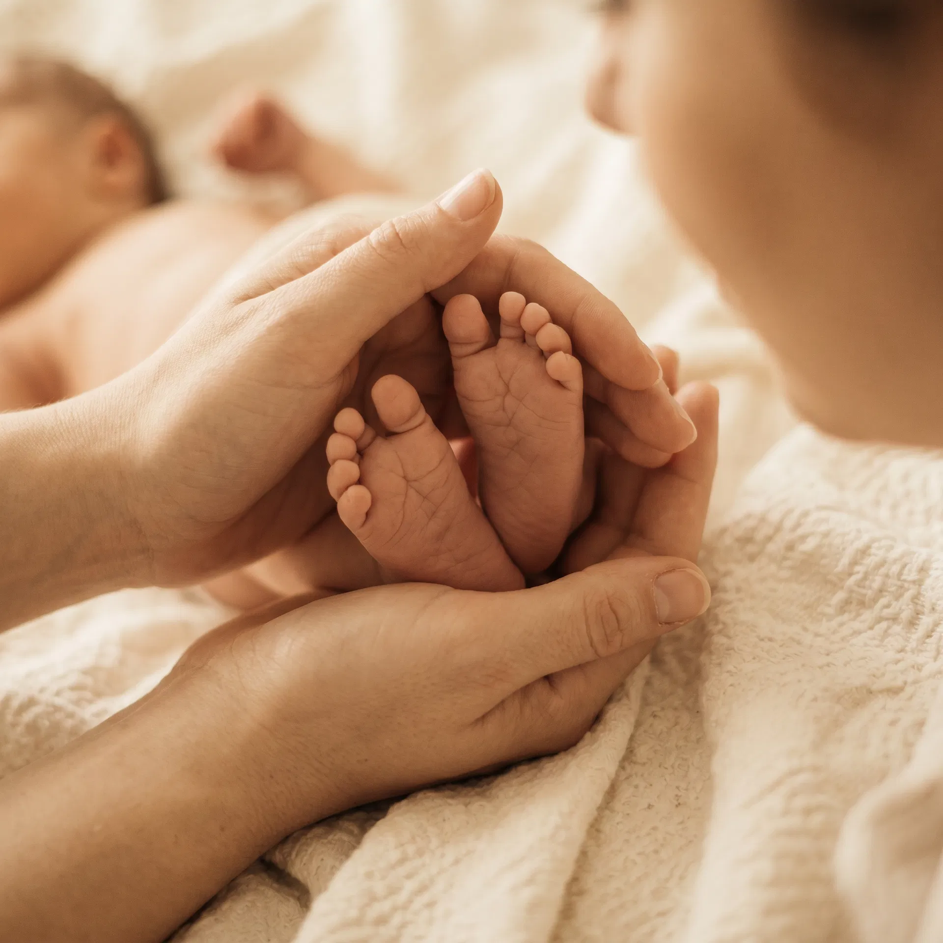 Newborn baby feet held in mother's hands