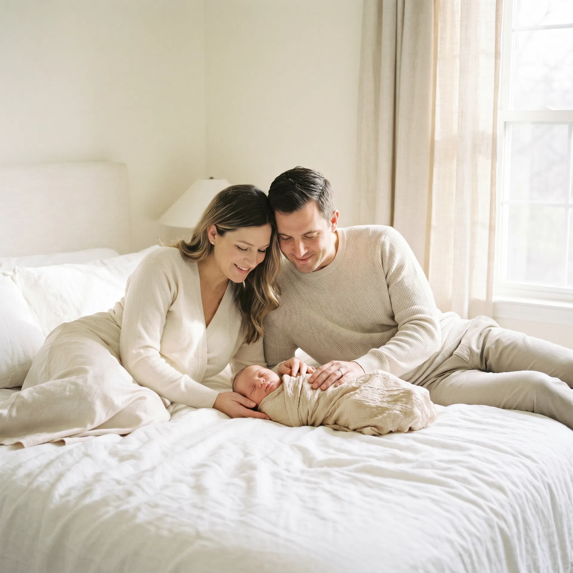 Family with newborn on white bed