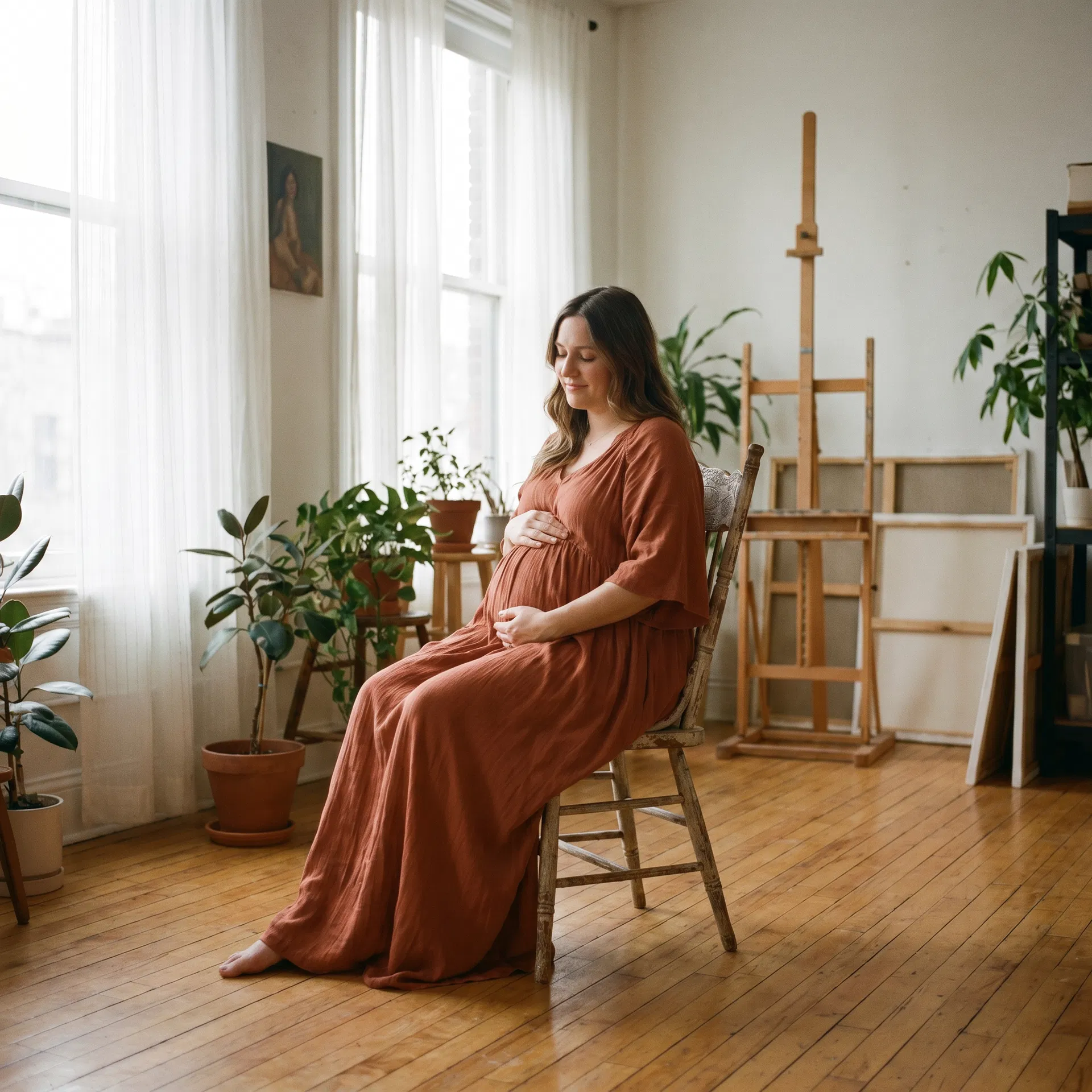 Maternity portrait in terracotta dress in studio