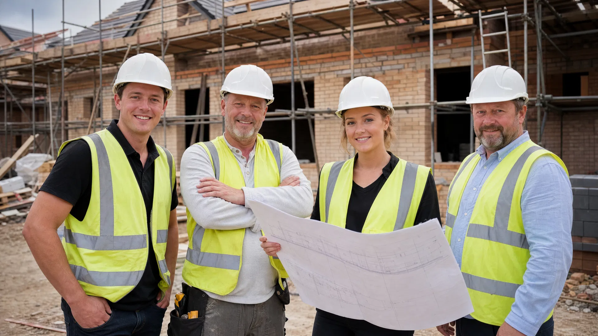 Brikora Homes construction team with architectural plans at a new build site