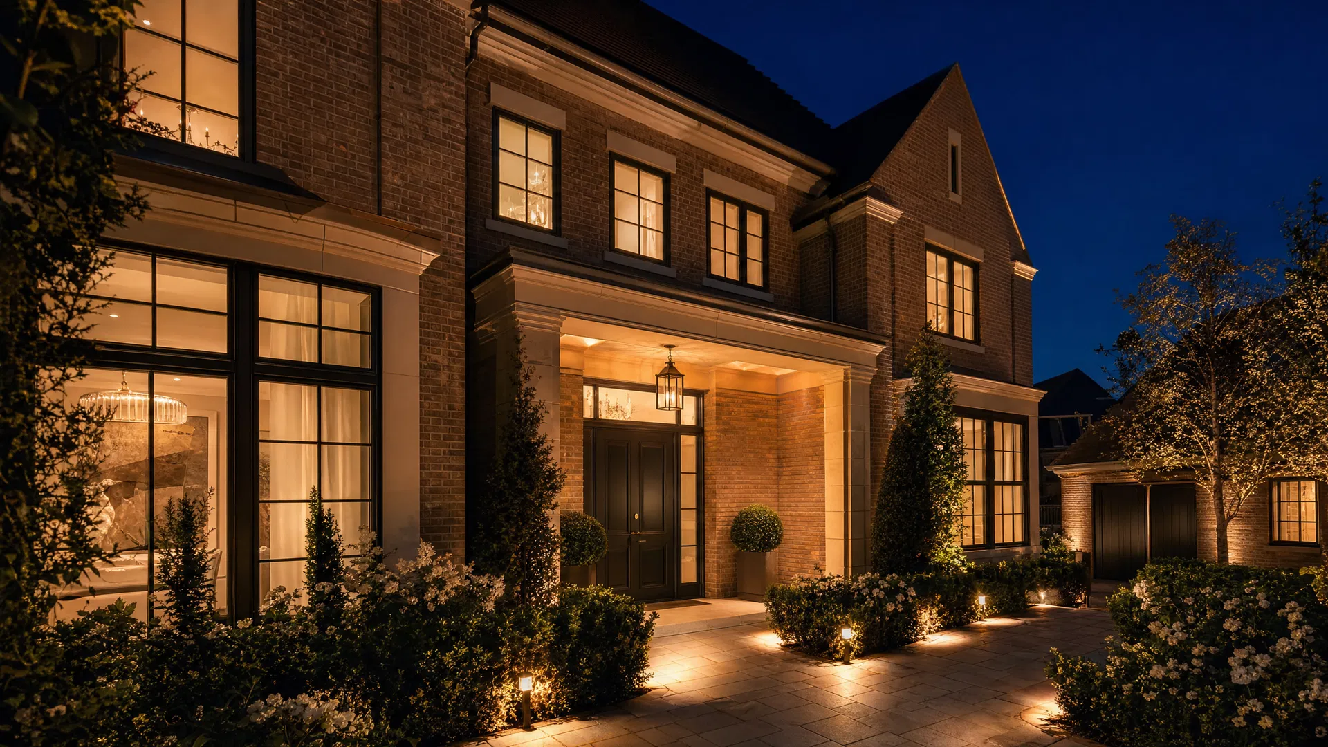 Premium new build home at dusk with warm lighting