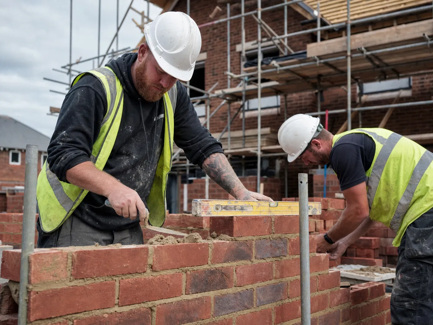 Construction site brickwork - skilled bricklayers at work on UK new build