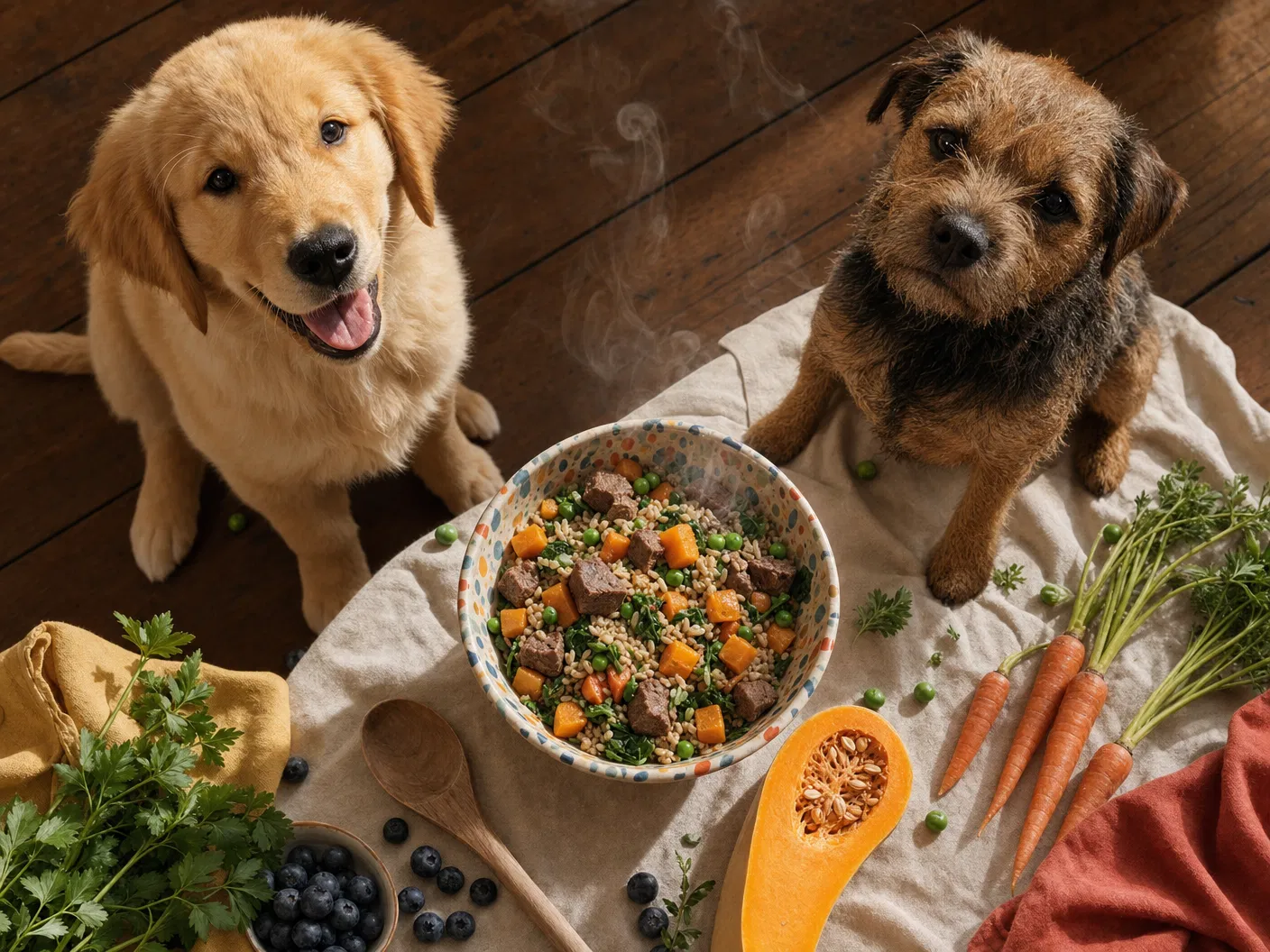 Two happy dogs around a colourful ceramic bowl of fresh-cooked Butternut Box meal with carrots, butternut squash, peas and beef.