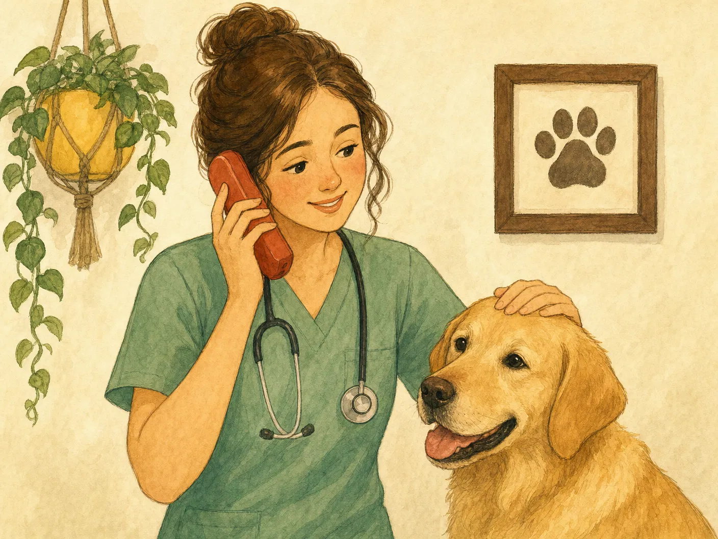Friendly veterinarian on the phone with a calm golden labrador.
