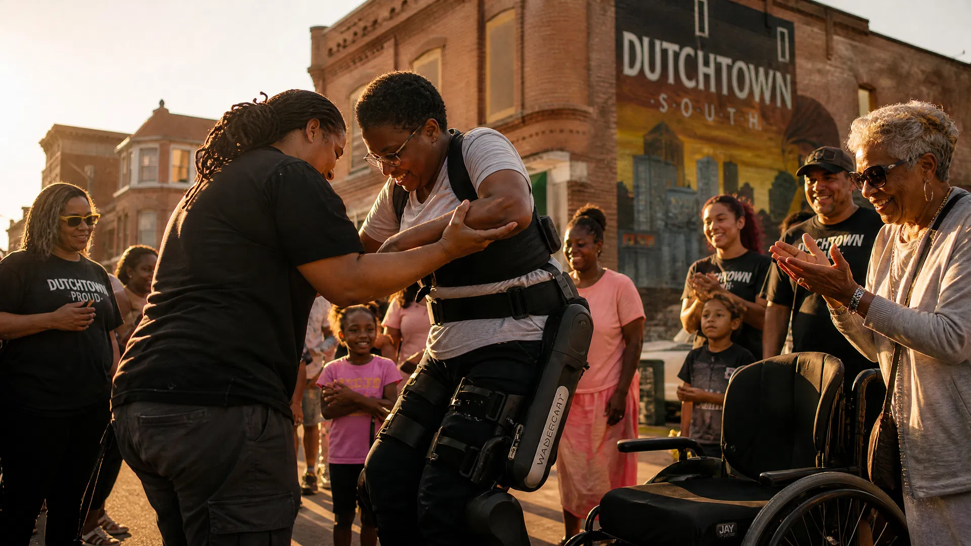 Community member walking with exoskeleton in Dutchtown
