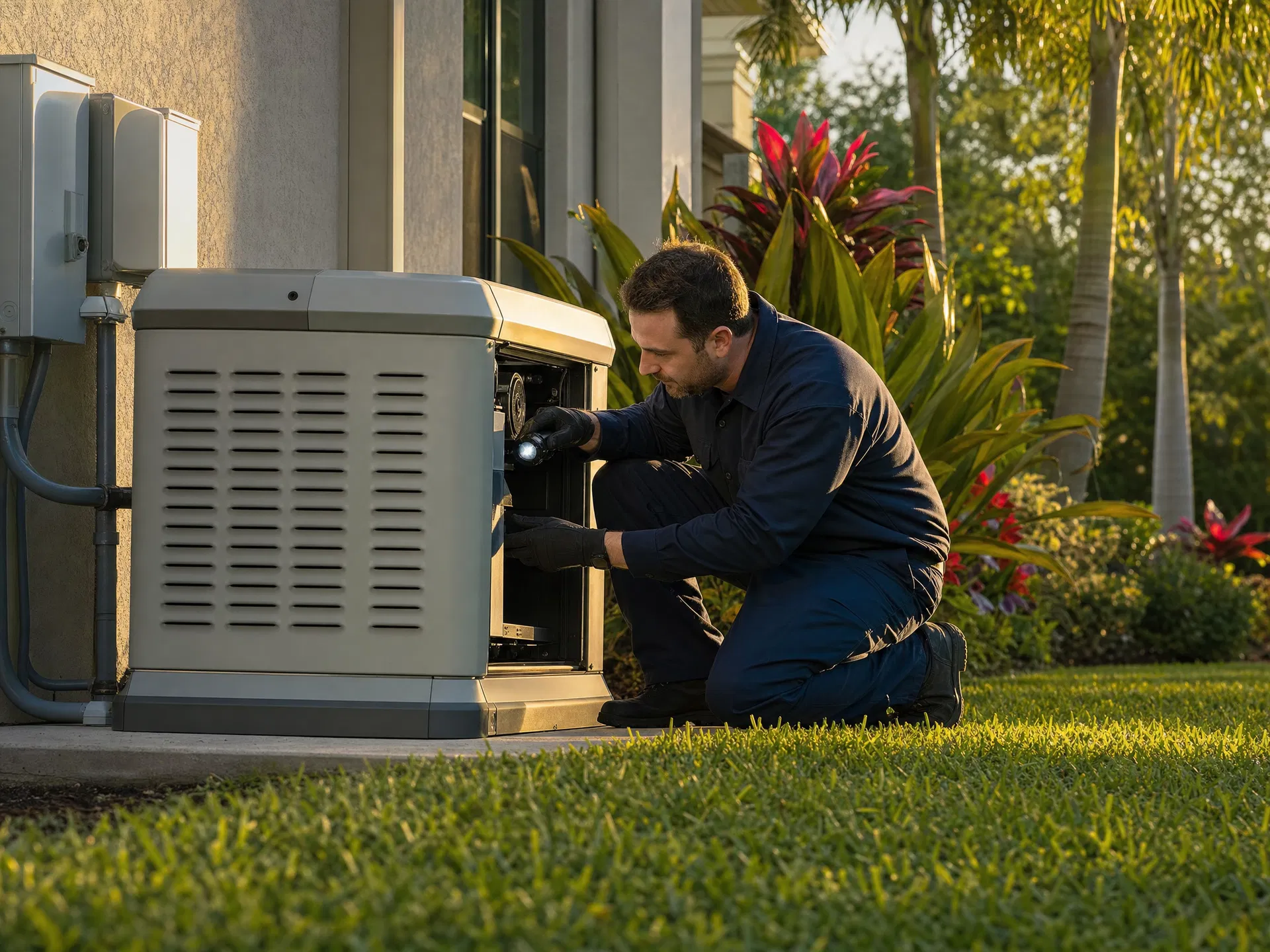 Generator technician servicing a standby unit at a Port St. Lucie home